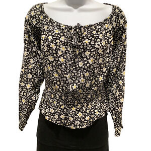 Jun & Ivy Boho Floral Print Long Sleeve Front Mock Tie Crop Top XL NWT